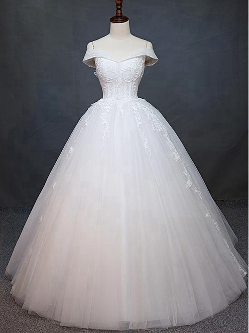 A-line Off Shoulder Sweep Train Organza Bridal Dress Applique