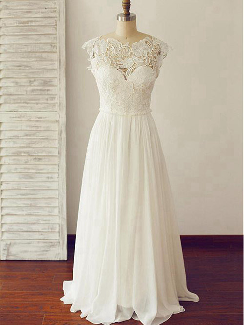 A-line Scoop Brush Train Chiffon Lace Wedding Gown