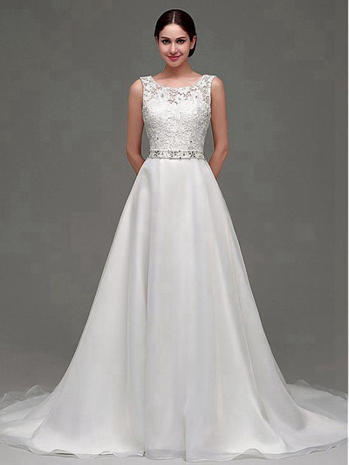 A-line Scoop Sweep Train Satin Lace Bridal Wear Beads