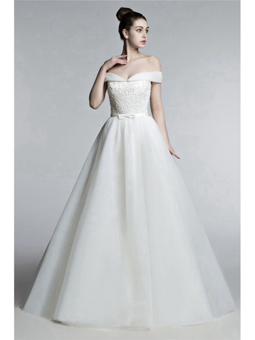 A-line Off Shoulder Floor Length Organza Wedding Gown Bowknot