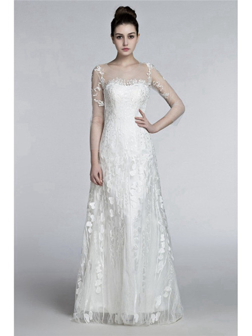 A-line Sheer Floor Length Lace Sleeves Wedding Dress