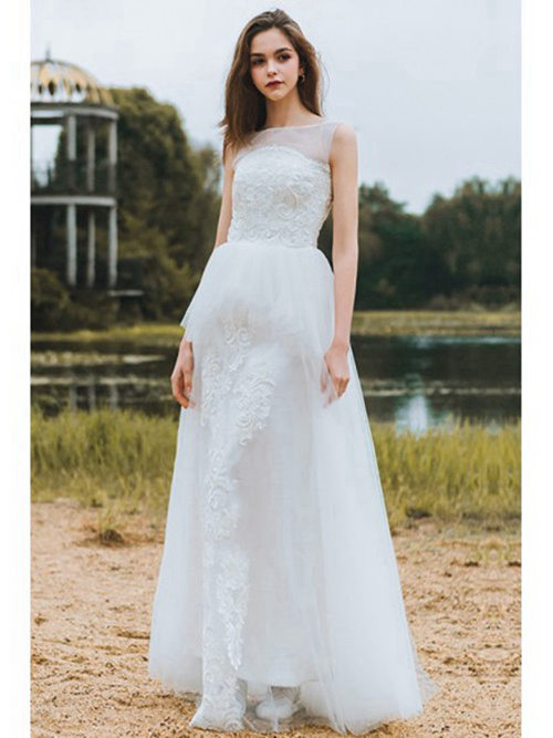 A-line Sheer Floor Length Tulle Bridal Gown Embrodiery