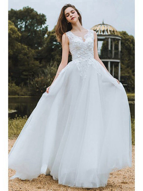 A-line V Neck Floor Length Lace Chiffon Wedding Dress