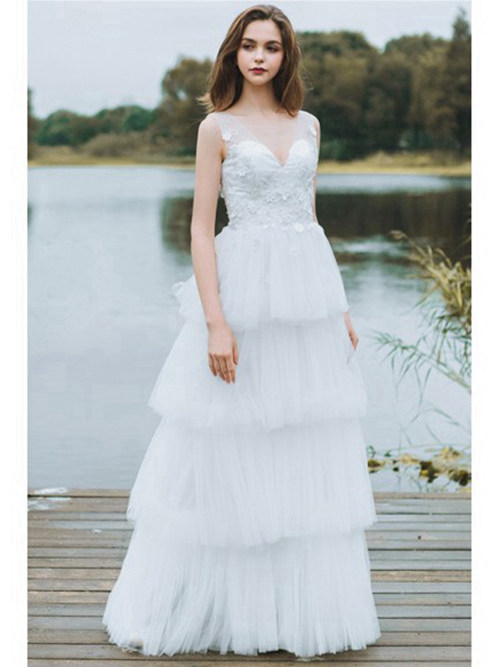 A-line V Neck Floor Length Tulle Wedding Dress Layers Applique