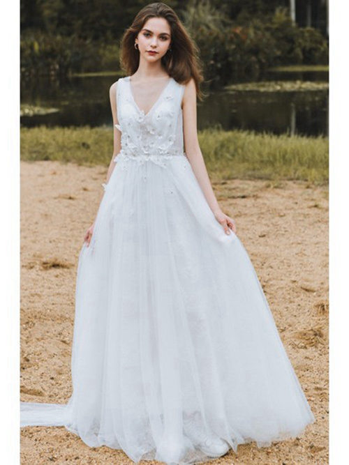 A-line V Neck Floor Length Tulle Beach Bridal Dress Applique