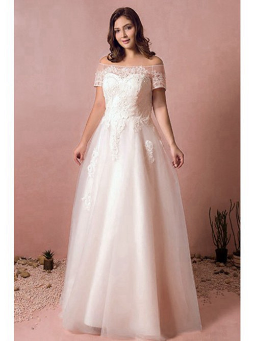 A-line Off Shoulder Organza Plus Size Bridal Dress Applique