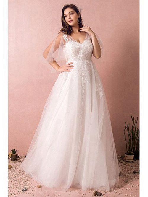 A-line V Neck Floor Length Tulle Plus Size Wedding Gown Applique