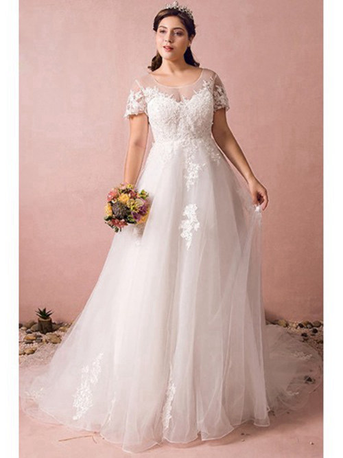 A-line Sheer Tulle Sleeves Plus Size Bridal Wear Applique