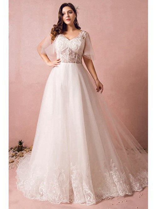 A-line V Neck Organza Lace Plus Size Wedding Gown