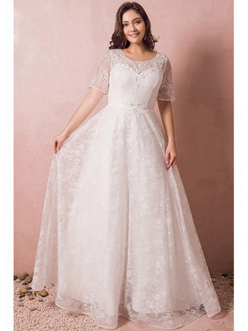 A-line Scoop Floor Length Lace Sleeves Plus Size Wedding Wear