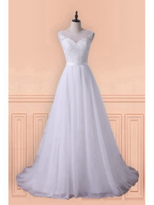 A-line Sheer Brush Train Lace Tulle Wedding Wear
