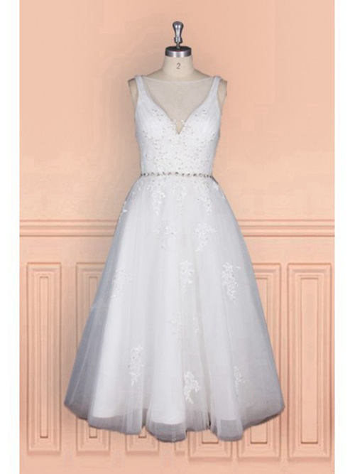 A-line Sheer Tea Length Organza Wedding Dress Applique Beads