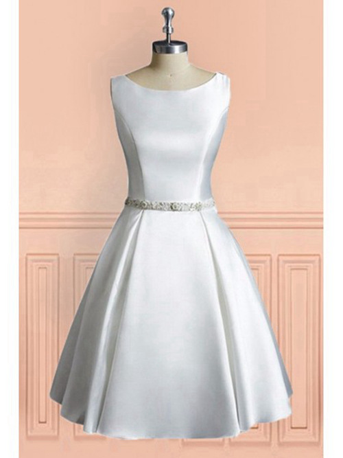 A-line Scoop Knee Length Satin Wedding Dress