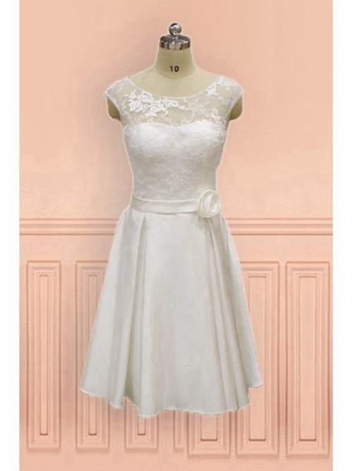 A-line Scoop Knee Length Lace Satin Bridal Wear Applique
