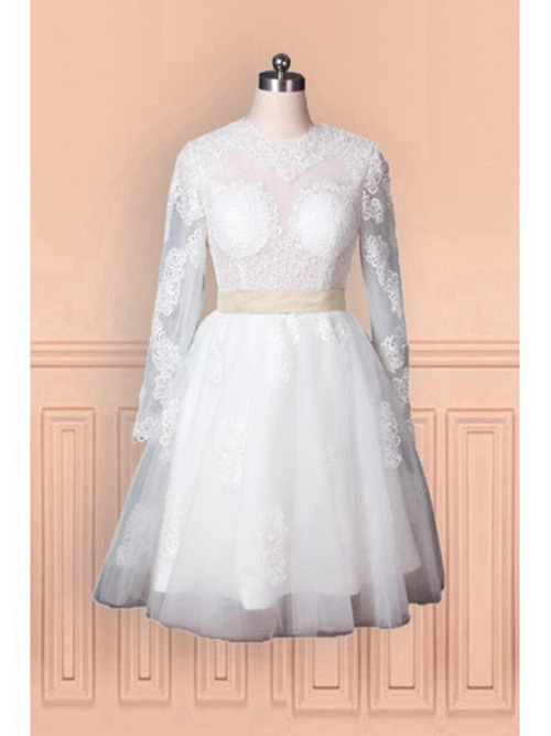 A-line Jewel Lace Sleeves Organza Short Bridal Wear