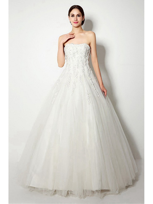 Ball Gown Strapless Floor Length Tulle Wedding Dress Applique