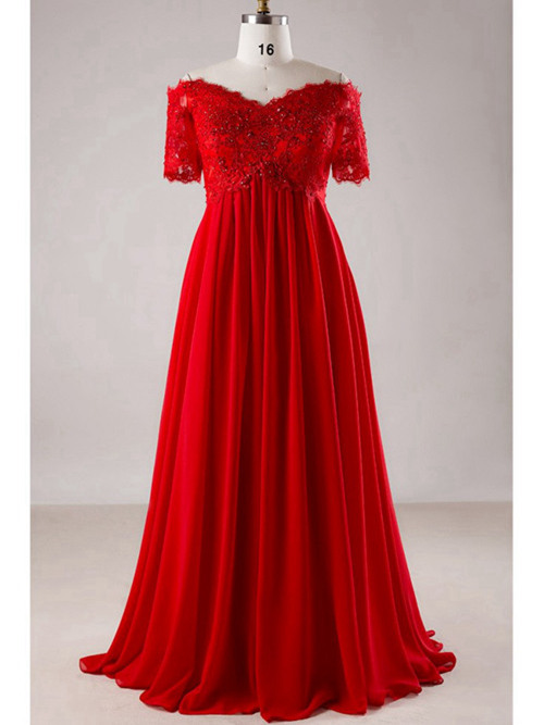 A-line Off Shoulder Chiffon Lace Sleeves Plus Size Red Bridal Dr