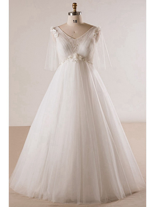 A-line V Neck Tulle Sleeves Plus Size Wedding Gown Applique