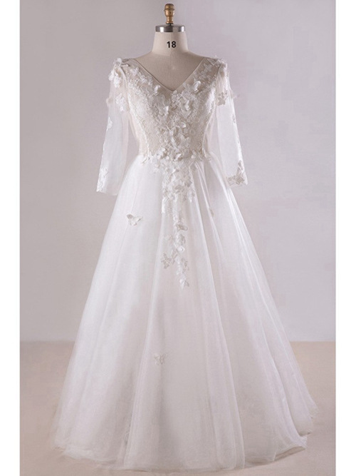 A-line V Neck Organza Sleeves Plus Size Wedding Gown Applique