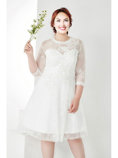 A-line Jewel Knee Length Lace Sleeves Wedding Wear