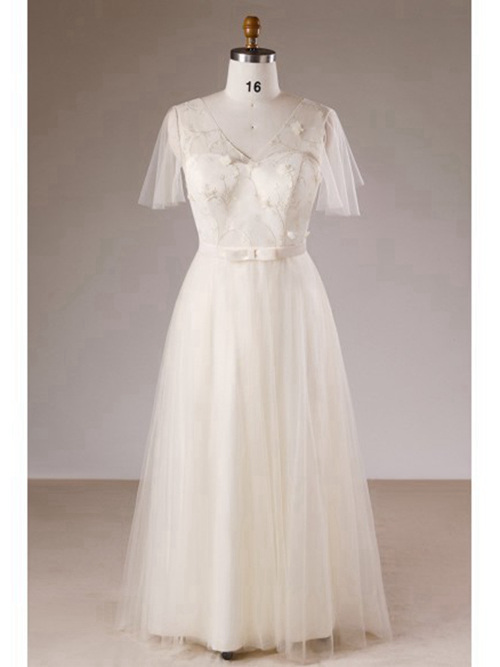 A-line V Neck Floor Length Tulle Sleeves Wedding Dress