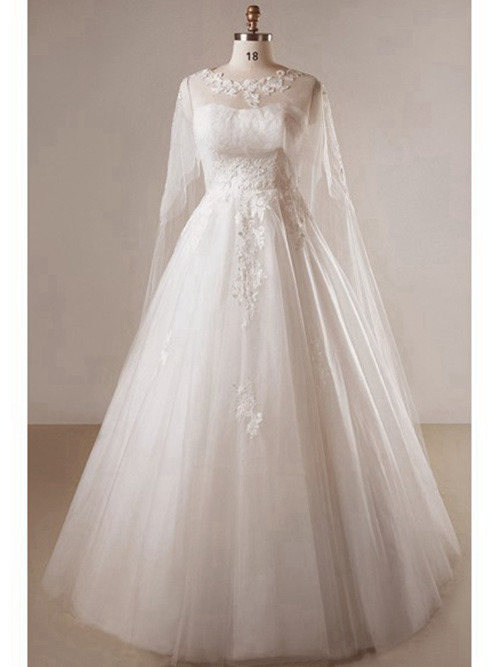 A-line Sheer Floor Length Tulle Wedding Wear Applique