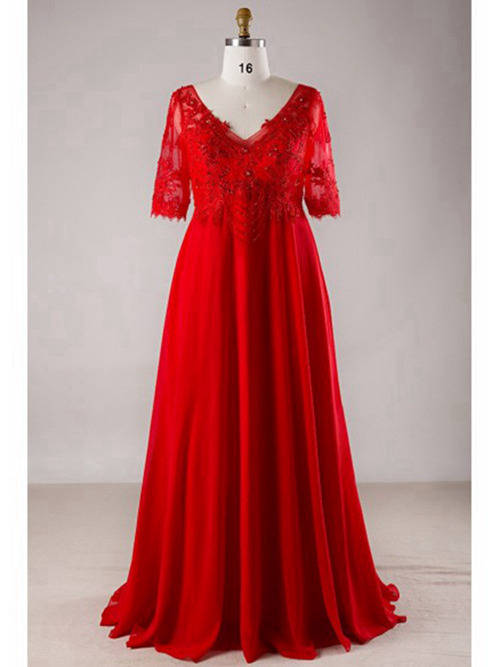 A-line V Neck Lace Chiffon Sleeves Red Wedding Wear Applique