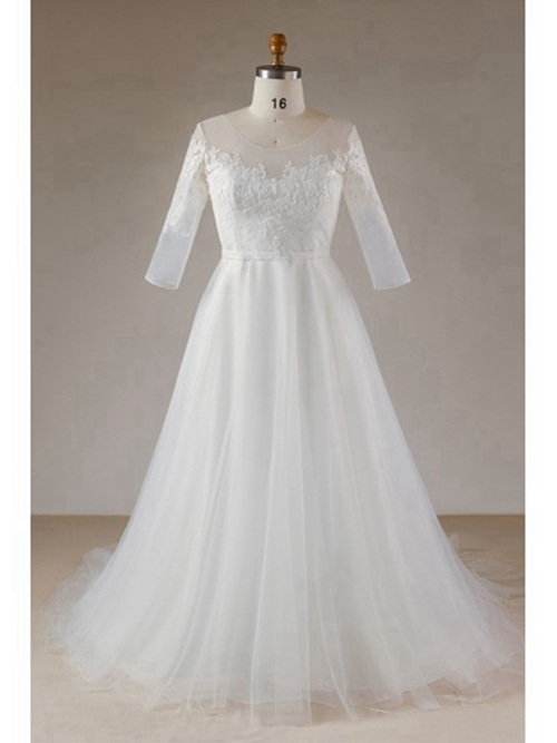 A-line Sheer Brush Train Lace Sleeves Tulle Wedding Dress