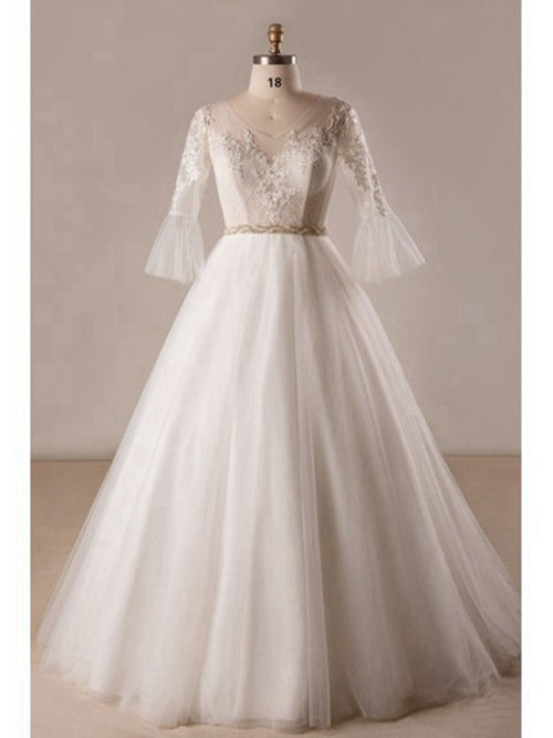 A-line V Neck Lace Sleeves Tulle Wedding Wear