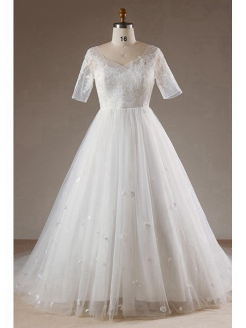 A-line Sweetheart Lace Sleeves Organza Plus Size Wedding Dress