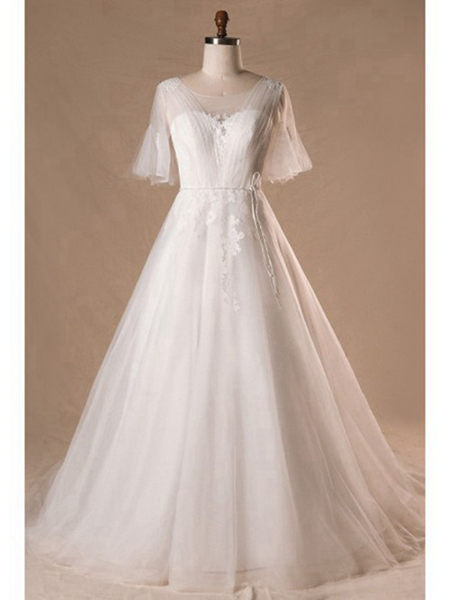 A-line Sheer Sweep Train Tulle Sleeves Bridal Wear Applique