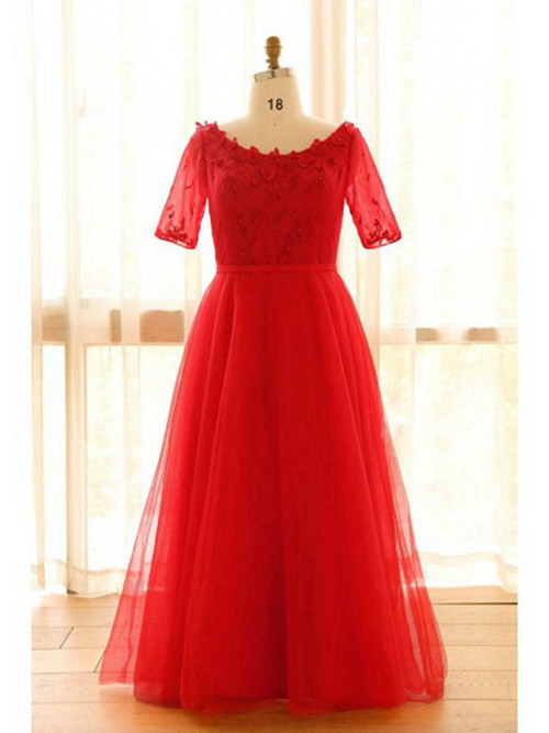 A-line Scoop Floor Length Organza Sleeves Red Bridal Wear Appliq