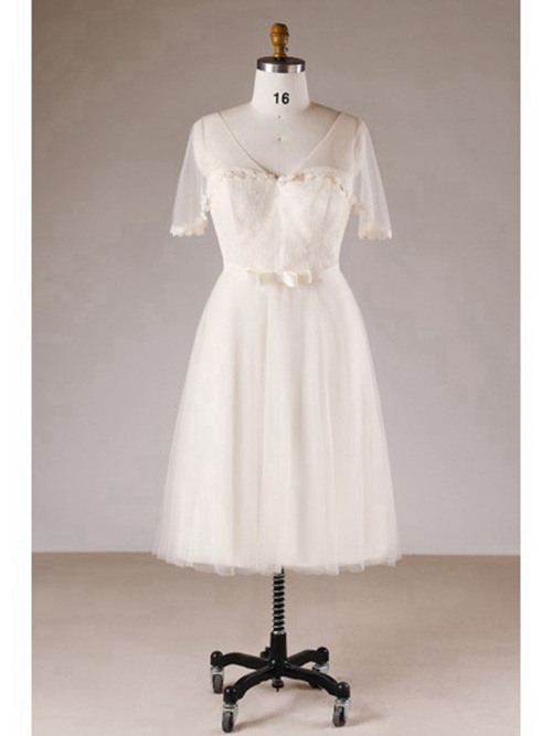 A-line V Neck Tea Length Organza Sleeves Bridal Dress Applique