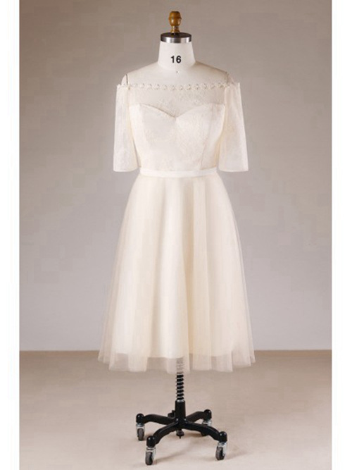 A-line Off Shoulder Tea Length Organza Sleeves Wedding Wear