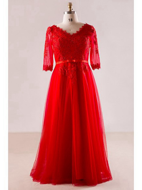 A-line V Neck Tulle Sleeves Red Bridal Dress Applique