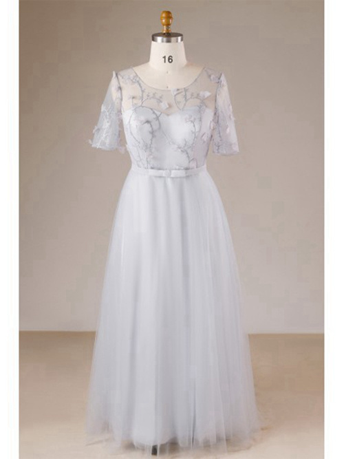 A-line Scoop Floor Length Tulle Sleeves Wedding Gown Applique