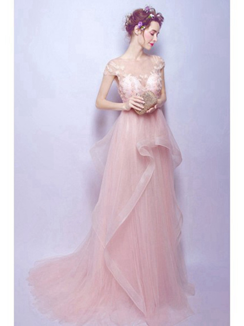 A-line Sheer Sweep Train Tulle Pink Wedding Dress Applique