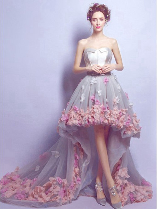 A-line Strapless High Low Organza Wedding Dress Applique