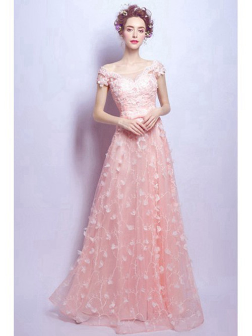 A-line Bateau Floor Length Organza Lace Wedding Dress Applique
