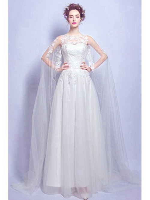 A-line Jewel Floor Length Tulle Lace Bridal Dress