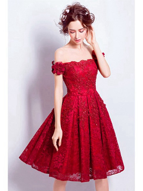 Princess Off Shoulder Knee Length Lace Red Bridal Dress