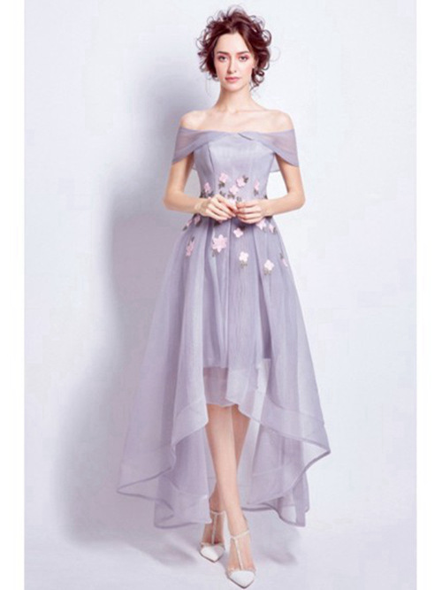 A-line Off Shoulder High Low Organza Wedding Dress Applique