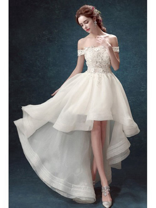 A-line Off Shoulder High Low Lace Organza Wedding Dress