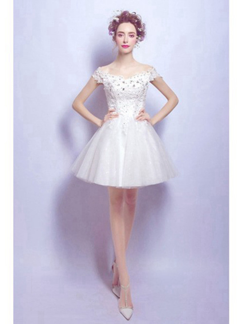 A-line Off Shoulder Organza Lace Short Wedding Dress Beads