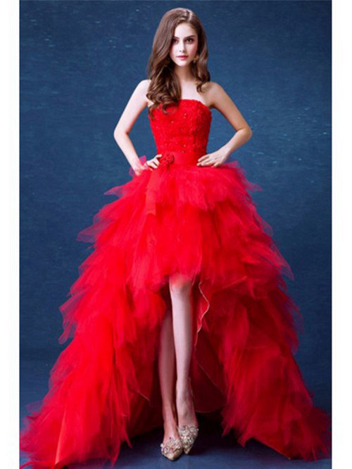A-line Strapless High Low Organza Red Bridal Wear Ruffles