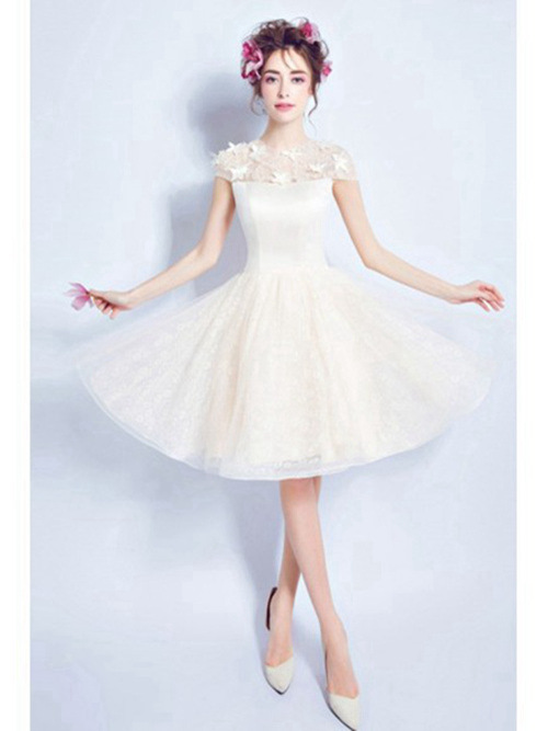 A-line Jewel Knee Length Organza Bridal Dress Applique