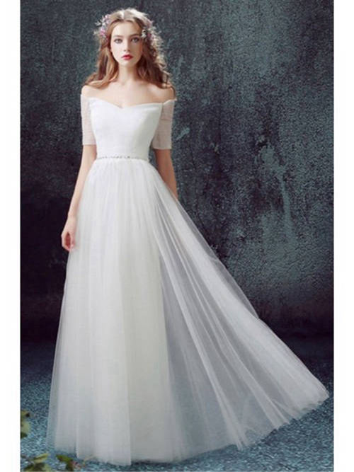 A-line Off Shoulder Floor Length Organza Sleeves Bridal Wear