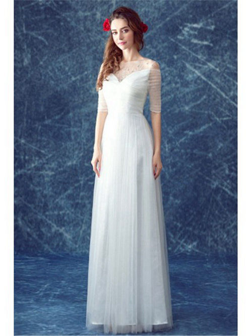 A-line Sheer Floor Length Tulle Sleeves Wedding Dress Applique