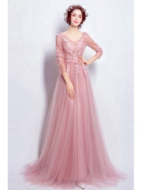 A-line V Neck Sweep Train Tulle Sleeves Wedding Wear Applique