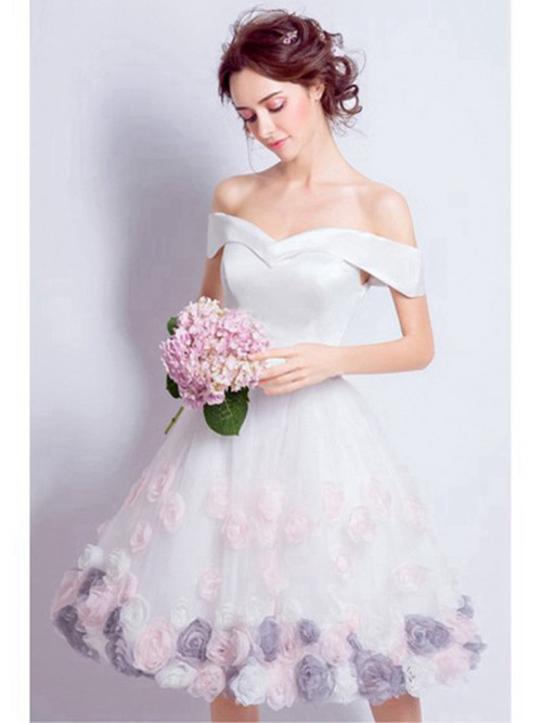 Princess Off Shoulder Knee Length Organza Bridal Dress Flowers